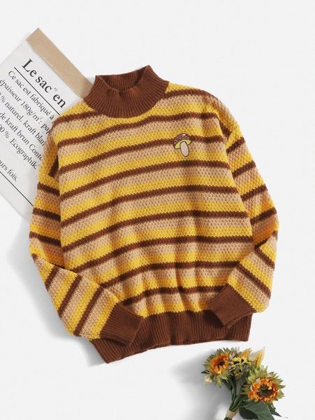 

mushroom embroidery striped mock neck sweater 290a#, White;black