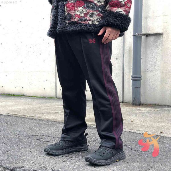 

oversize needles limited track pants retro striped sports trousers men women awge butterfly embroidery sportswear casual suit, Black
