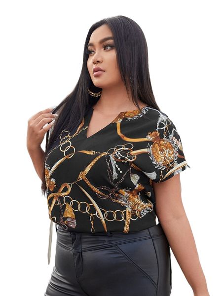 

plus chain print notched neckline batwing sleeve blouse e2cj#, Black