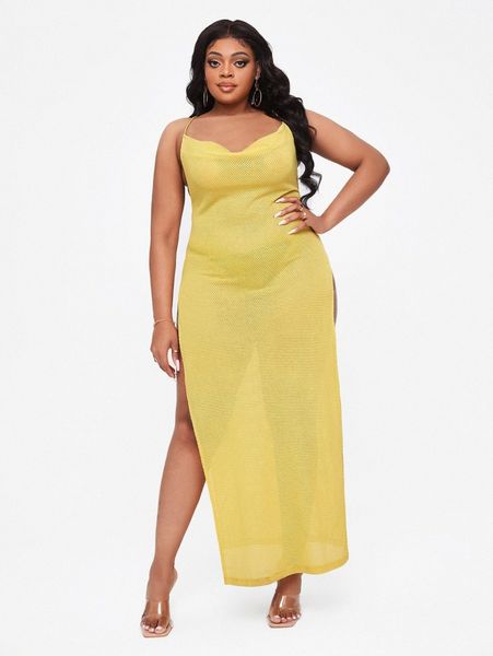 

sxy plus solid split thigh crisscross backless cami dress m3l8#, Black