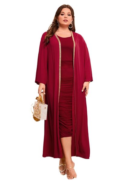 

plus contrast tape drop shoulder coat & ruched side bodycon dress f10i#, Black