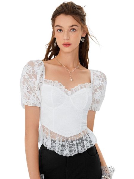 

mod puff sleeve peplum lace blouse u0q0#, White