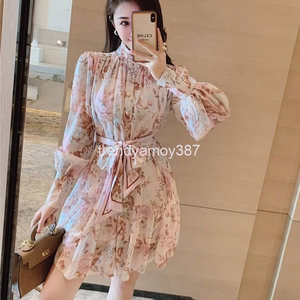 

casual dresses australian fashion super fairy chiffon printed lantern long sleeve waist dress seaside holiday loose thin short skirt women, Black;gray
