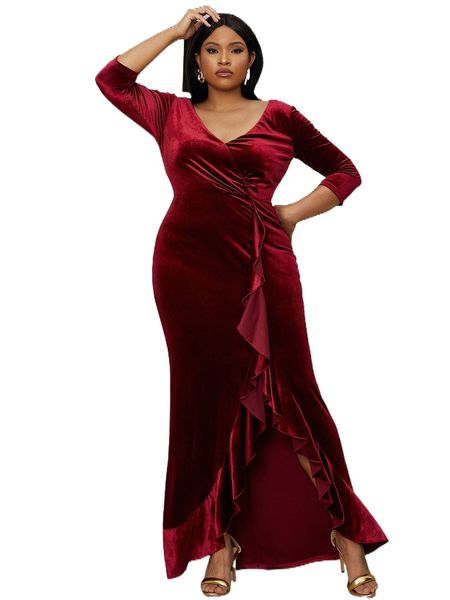 

seomiscky plus surplice neck ruffle trim velvet dress f2dd#, Black