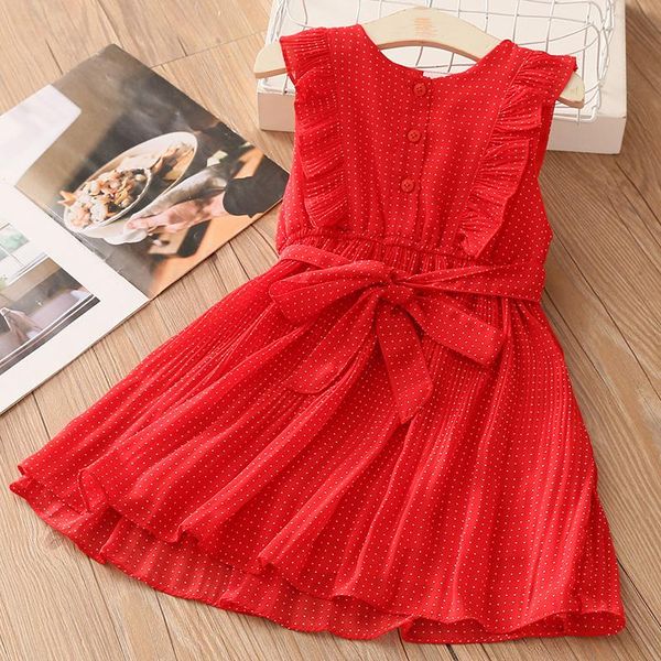 Mädchen Kleider Sommer 3 4 5 6 7 8 9 10 12 Jahre Kinder Knopf Punkt Gürtel ärmelloses rotes Baumwollfutter Chiffonkleid für Kinder Baby MädchenMädchen