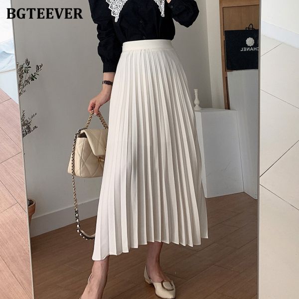 

autumn elastic high waist female pleated long skirts elegant chic loose women a-line skirts 2021, Black