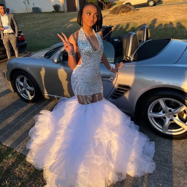 

mermaid elegant prom dresses halter sleeveless crystals sparkly tulle ruffles plus size women evening party second engagement gown, Black