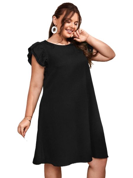 

plus ruffle armhole tunic dress h66m#, Black