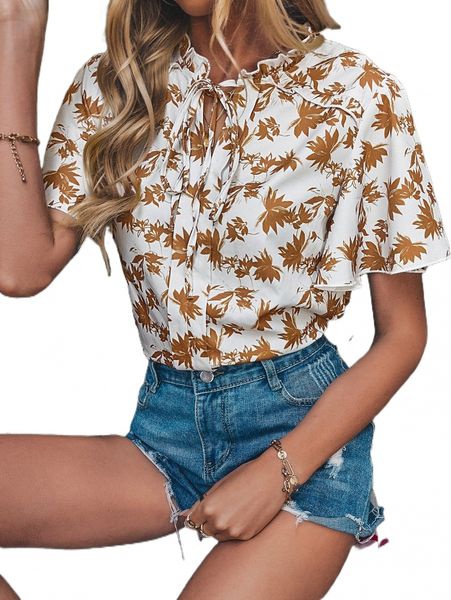 

floral print butterfly sleeve tie neck blouse y995#, White