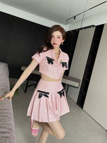 

two piece dress designer 22 spring and summer new bow decorative woven contrast short high waist thin pleated skirt sweet two-piece set x9om, White