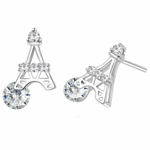 Eiffel Tower Brincos com Zircão Branco Moda Romântica Brincos de Diamante Brincos Partidos Brincos de Aniversário Brincô de Prata