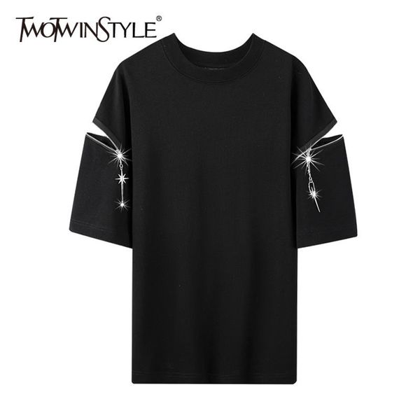 

twowinsyle loose patchwork zipper shirt for women o neck short sleeve hollow out casual shirts female fashion clothes 210423, White