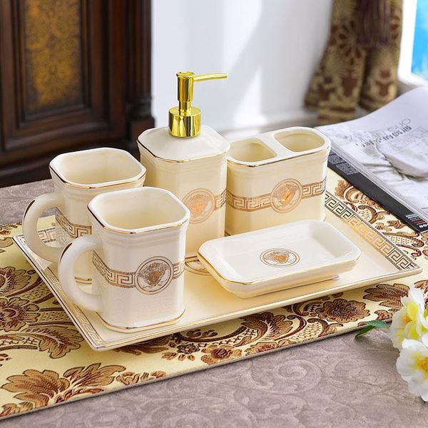 Set di accessori per il bagno Accessori per il bagno Portaspazzolino in ceramica Dispenser per portasapone Gargle Cup Contenitore per rugiada 5 pezzi per setBath