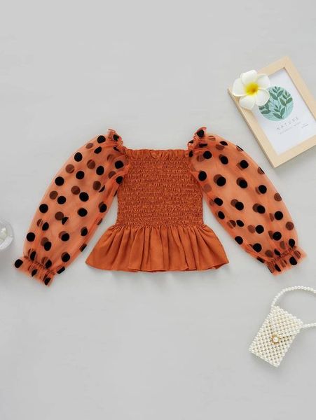 

toddler girls contrast dobby mesh flounce sleeve shirred peplum blouse she, White;black