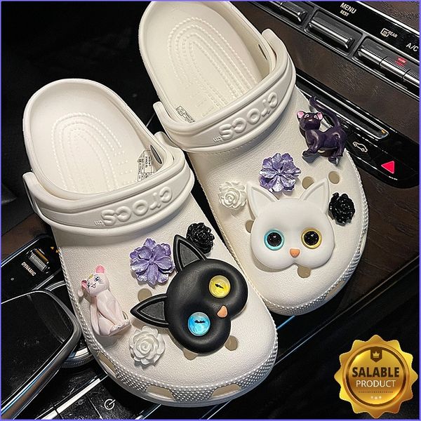 Schwarz Weiß Katzen Blumen Croc Charms Designer DIY Tier Jeans Schuhe Dekaration Zubehör Für JIBS Clogs Kinder Jungen Mädchen Geschenke