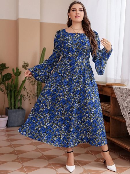 

plus allover floral print flounce sleeve dress y6sz#, Black