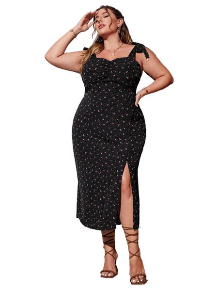

plus ditsy floral ruched tie shoulder slit thigh cami dress j6fu#, Black