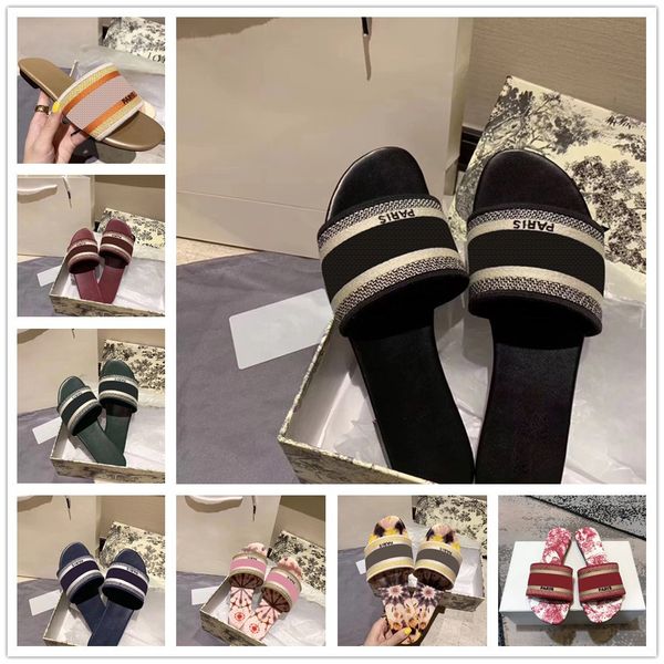 

trend designer sandals for women ladies slides low heels platform embroidered floral brocade scuffs flip flops flats letters shoes 35-41 loa, Black