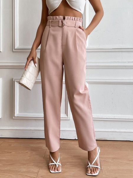 

solid belted paper bag waist pants z1tr#, Black;white