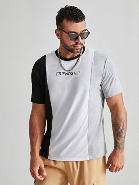 

extended sizes men color-block letter embroidery tee t4dy#, White;black