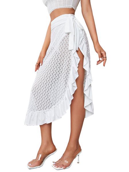 

lace panel panty insert ruffle trim asymmetrical hem belted skirt v9uh#, Black