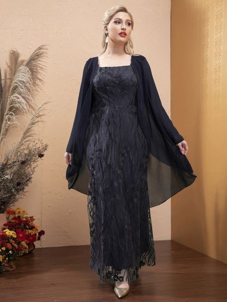 

plus flower embroidered square neck 2 in 1 prom dress 45pw#, Black