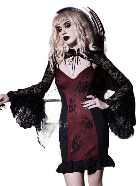 

contrast lace ruffle hem cami dress & trumpet sleeve tie neck e42e#, Black;gray