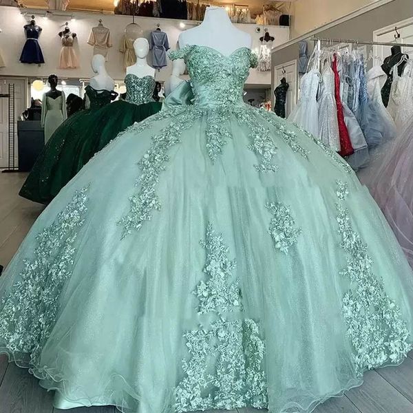 

sage green off the shoulder quinceanera dresses ball gown floral appliques lace bow back corset for sweet 15 girls party, Blue;red