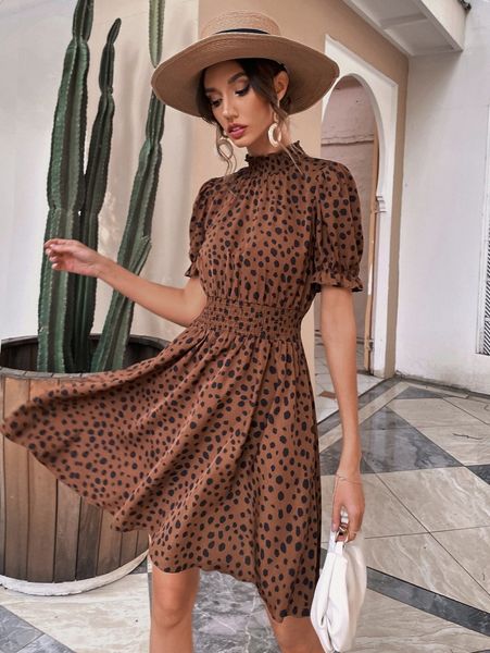 

all over print shirred frill trim puff sleeve dress l1hb#, Black;gray