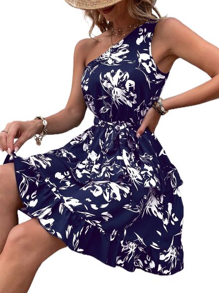 

allover floral print one shoulder ruffle hem belted dress 917o#, Black;gray