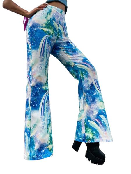 

galaxy print flare leg pants without belt a0jb#, Black;white