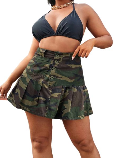 

plus camo print pleated hem button front denim skirt s4n3#, Black
