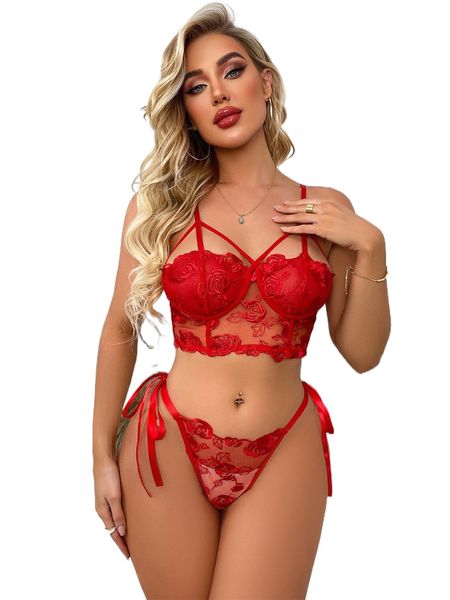 

embroidery mesh harness lingerie set h5sm#, Black;red