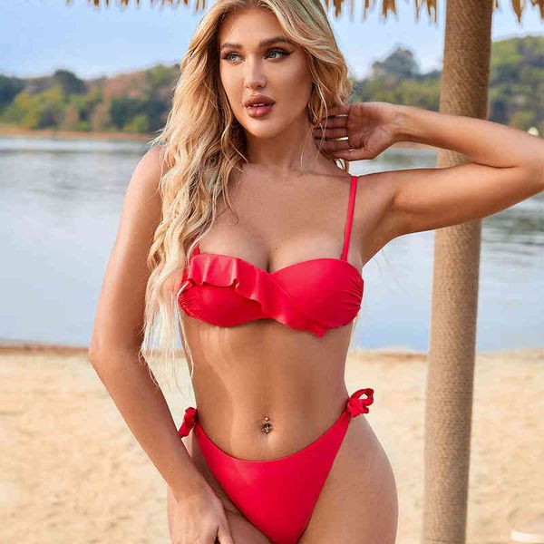 

designer women' swimsuit bikini 2022 bikini holiday swimsuit suspender split strap backl ruffle swimsuit bikini, Red;black