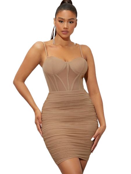 

sheer mesh insert seam front ruched dress 41bc#, Black;gray