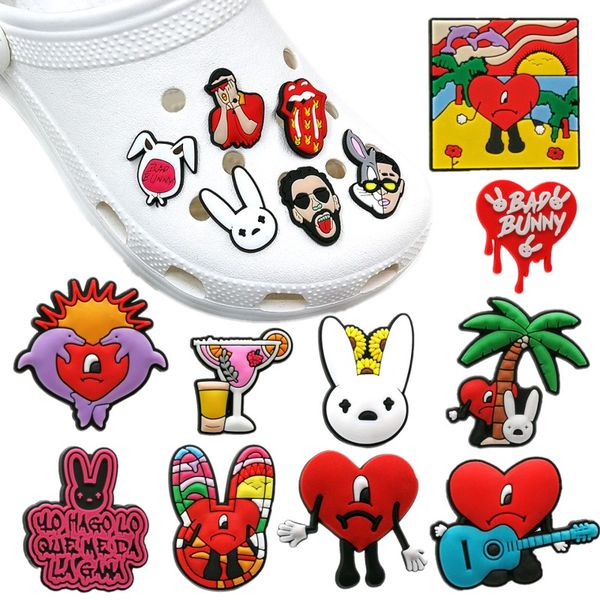 

moq 100pcs new bad bunny shape croc charm 2d soft pvc jibz shoe parts charms accessories trend clog shoe buckles decorations fit men sandals, White;pink