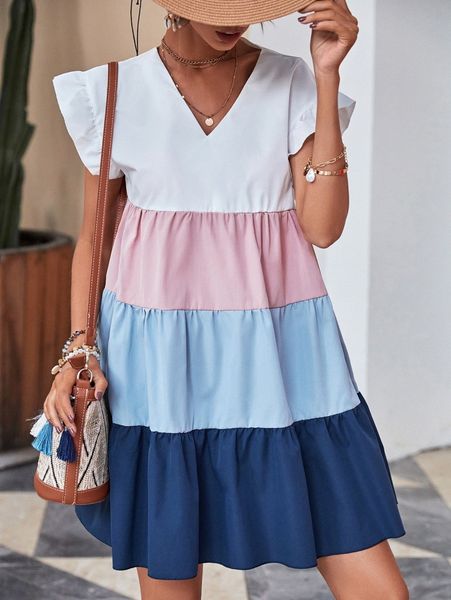 

ruffle trim colorblock smock dress b5rx#, Black;gray