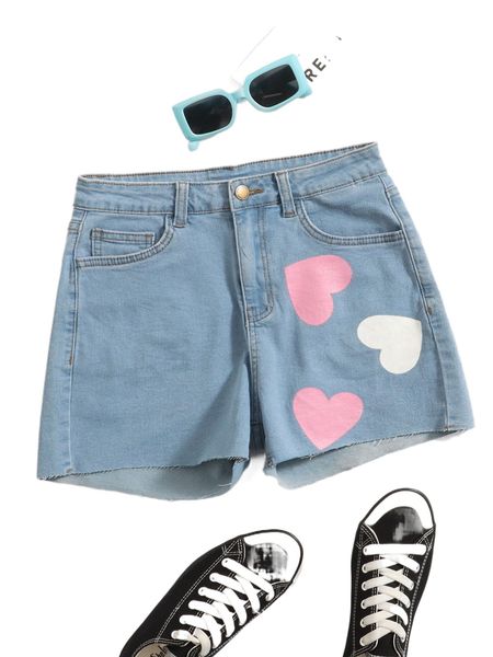 

heart print raw hem denim shorts x75j#, White;black