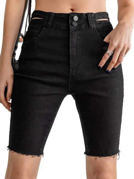 

dazy cut out waist frayed hem denim shorts s3ef#, White;black