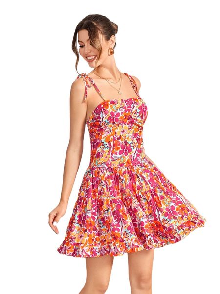 

x luisana batista floral print knotted tie backless ruffle cami dress j4ke#, Black;gray