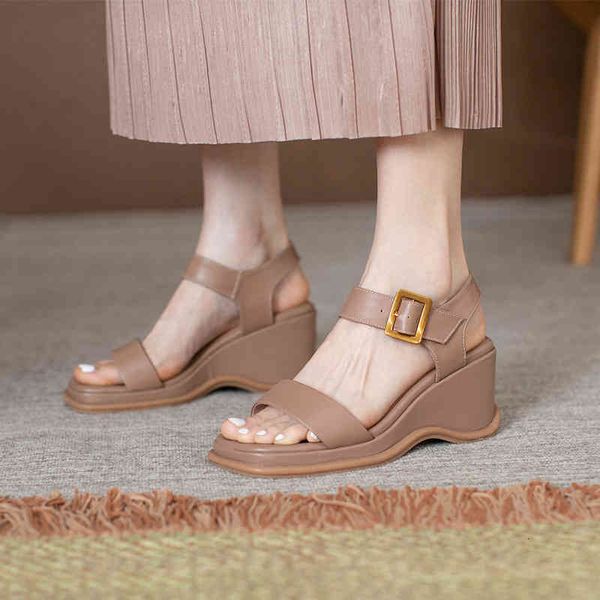 

sandals korean version of one-line belt comfortable slope heel thick soled sandals summer simple leaky toe buckle ava9, Black