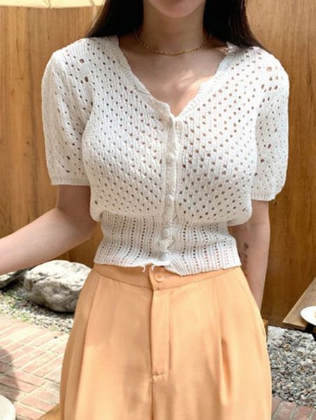 

dazy puff sleeve pointelle knit cardigan h62i#, White;black