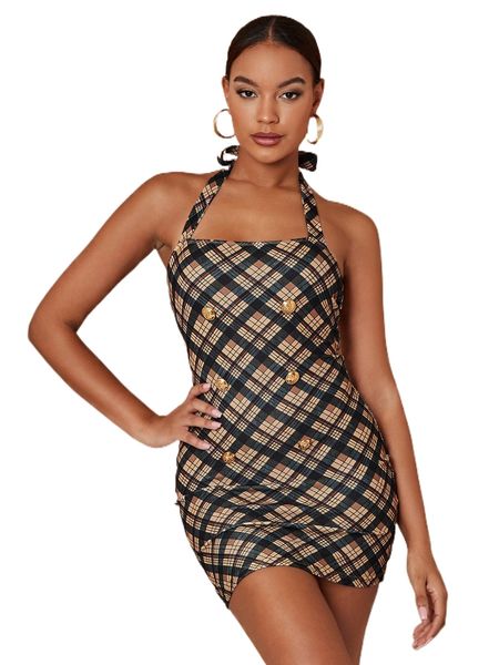 

plaid print tie backless halter bodycon dress e881#, Black;gray