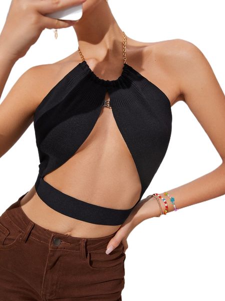 

c.ut o.ut front open b.ack c.hain h.alter neck k.nit w03l#, White;black