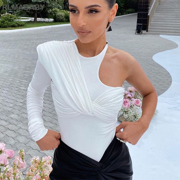 

one shoulder sleeve twist bow skinny bodysuit fashion autumn winter backless folds female club party rompers bodysuit, Black;white