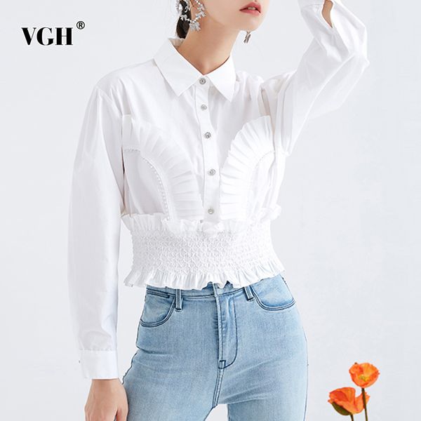 

white patchwork button shirt for women lapel puff long sleeve casual elegant shirts female fashion clothing style 210507