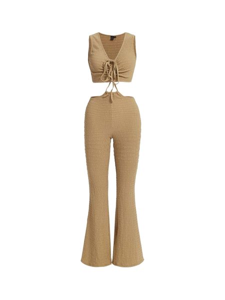 

mod cut out waist drawstring front flare leg jumpsuit m8ra#, Black;white