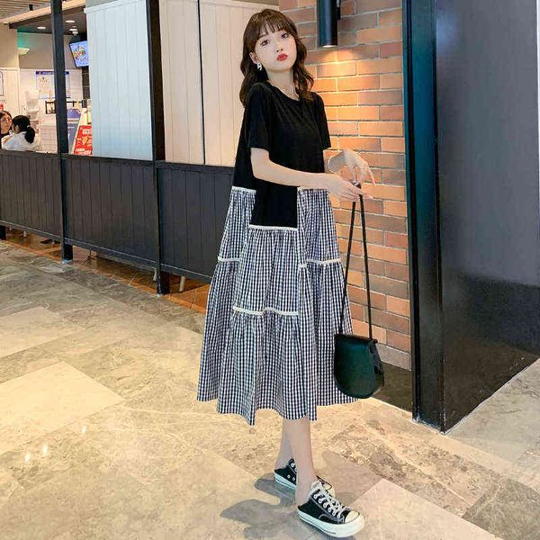 

summer loose maternity fashion dress short sleeves oneck cotton patchwork plaid ball gown dress pregnant woman loose dress j220628, White