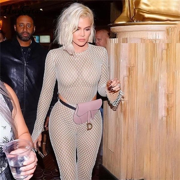 Hugctar Mesh Fishnet Patchwork Oneck Seksi Bodycon Bodysuit Sonbahar Kış Kadınlar Uzun Kollu Vücut Sokak Giyim Kıyafetleri T200323