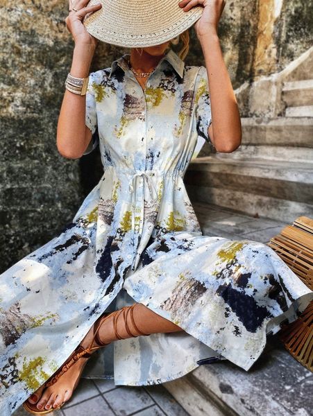 

tie dye drawstring waist shirt dress r1vj#, Black;gray